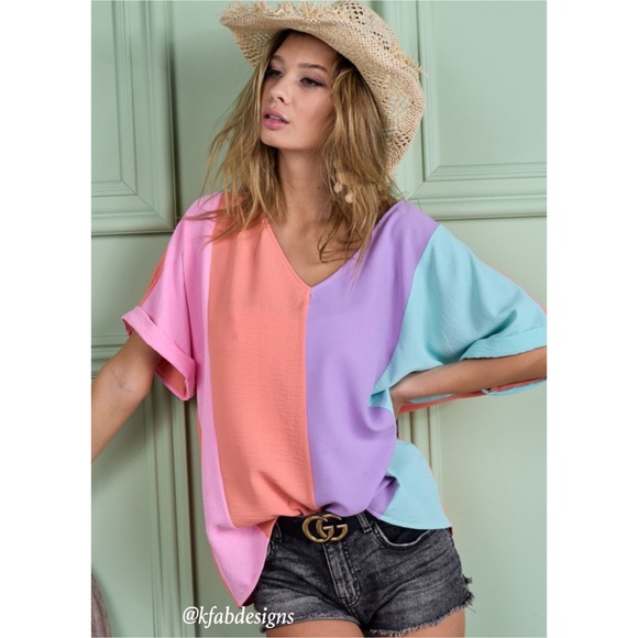 LAST 1! V Neck Roll up Sleeves Color Block Oversized Top! - Picture 2 of 9